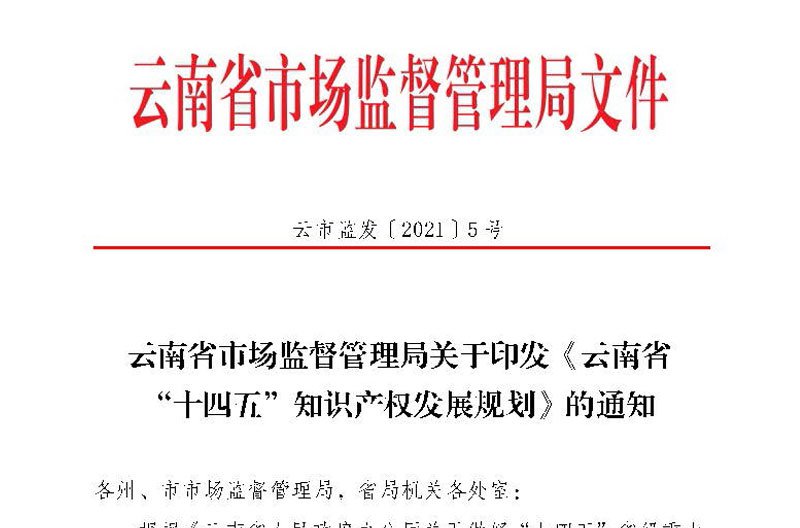 云南省市场监督管理局关于印发《云南省“十四五”知识产权发展规划》的通知